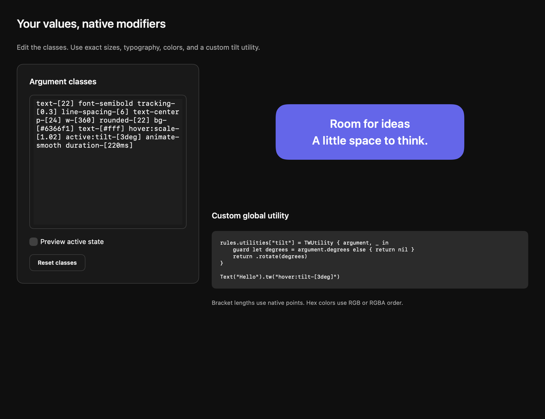 Native Arguments demo with class input, validation, and a styled preview. Dark appearance.