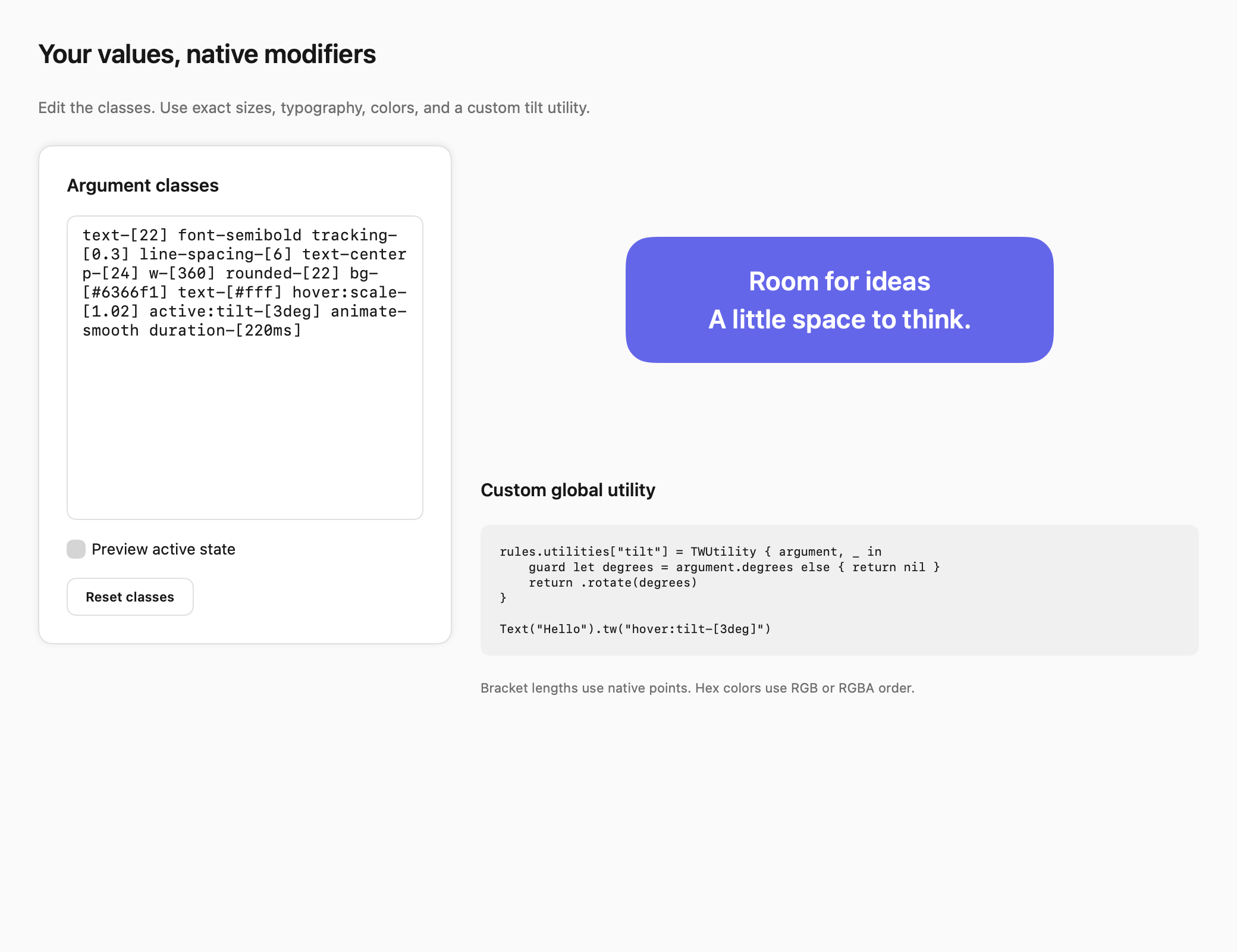 Native Arguments demo with class input, validation, and a styled preview.