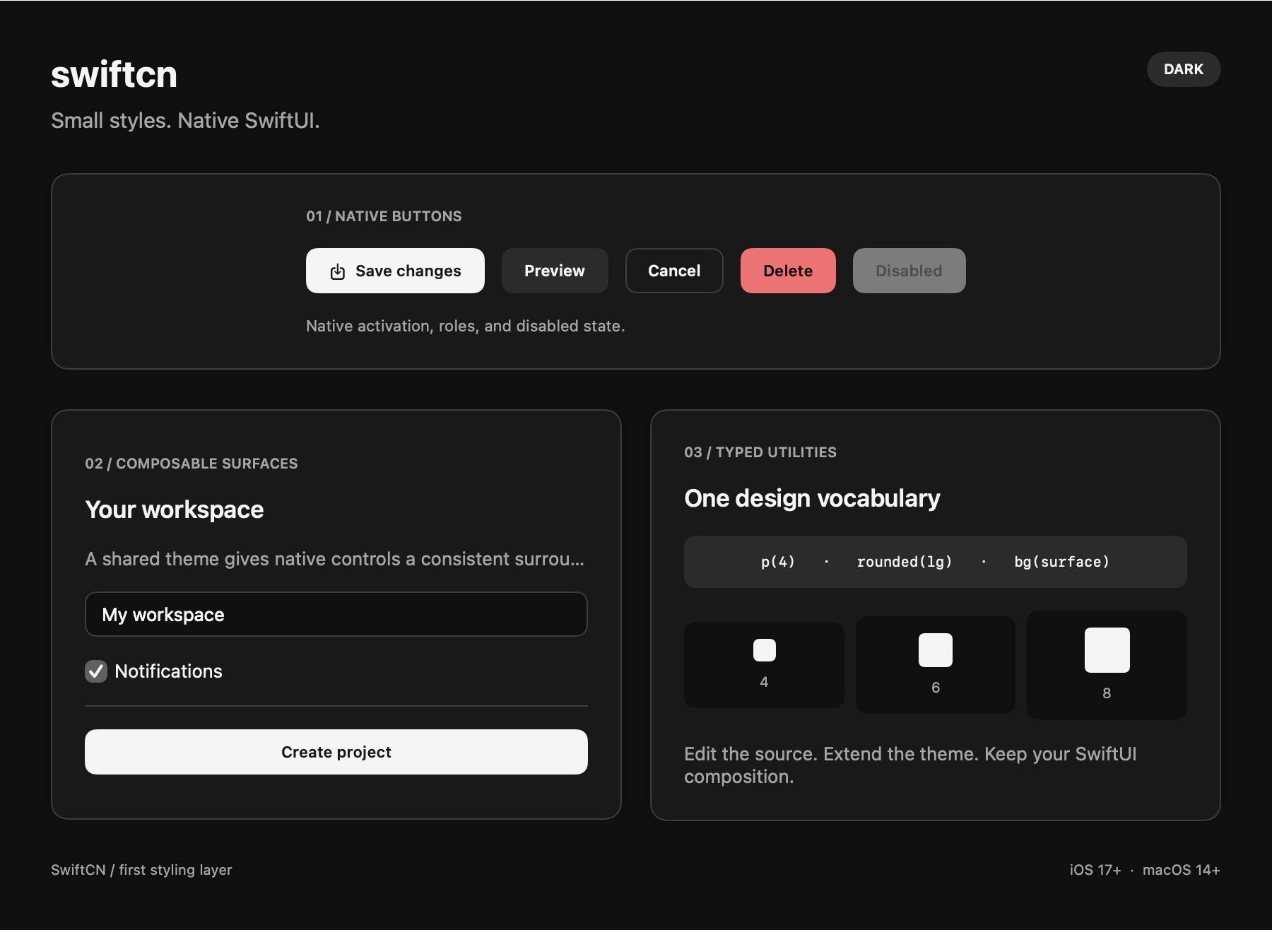 Native SwiftUI catalog in dark appearance.