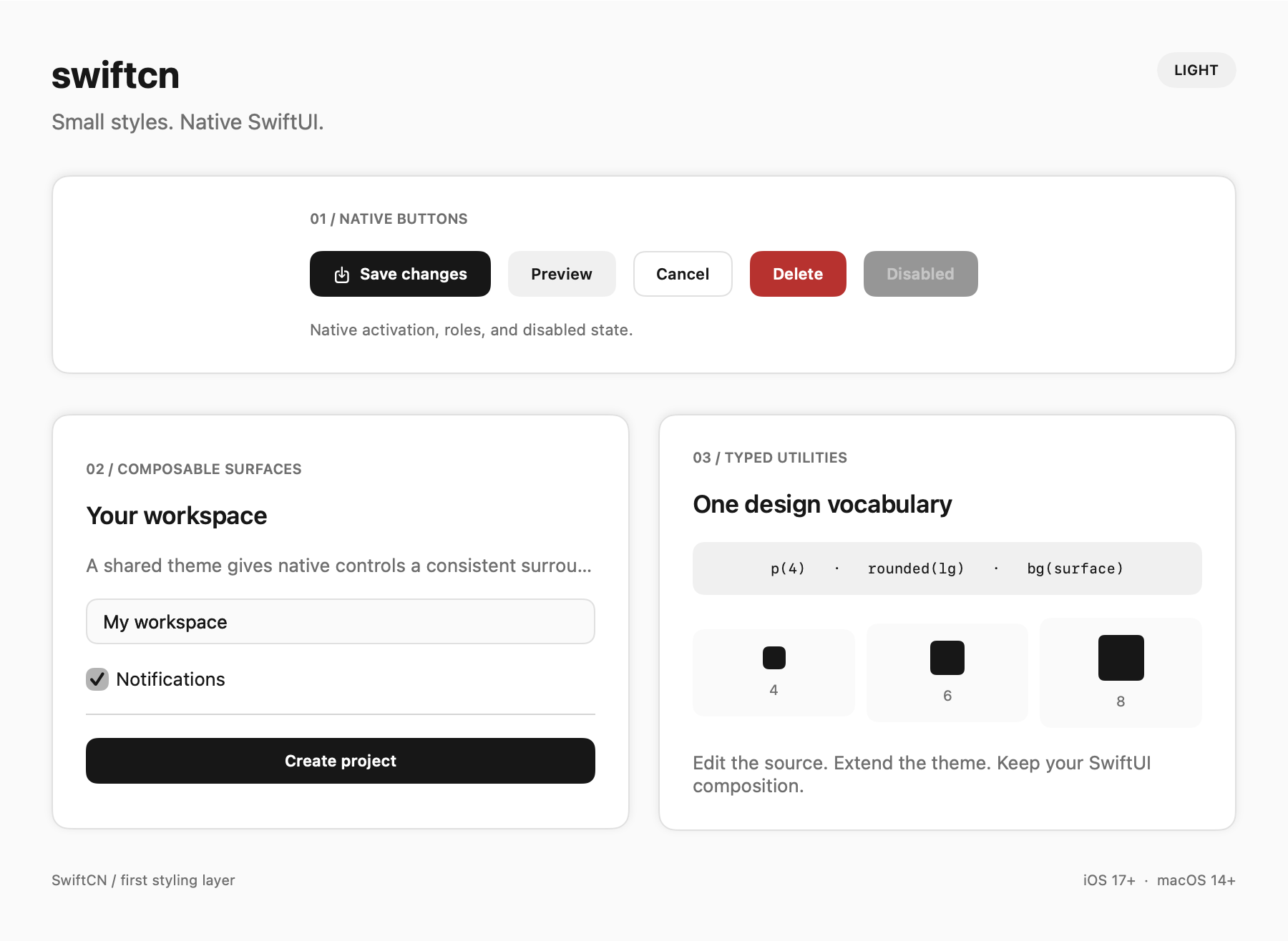 Native SwiftUI catalog showing buttons, text fields, toggles, sliders, and utility styles.