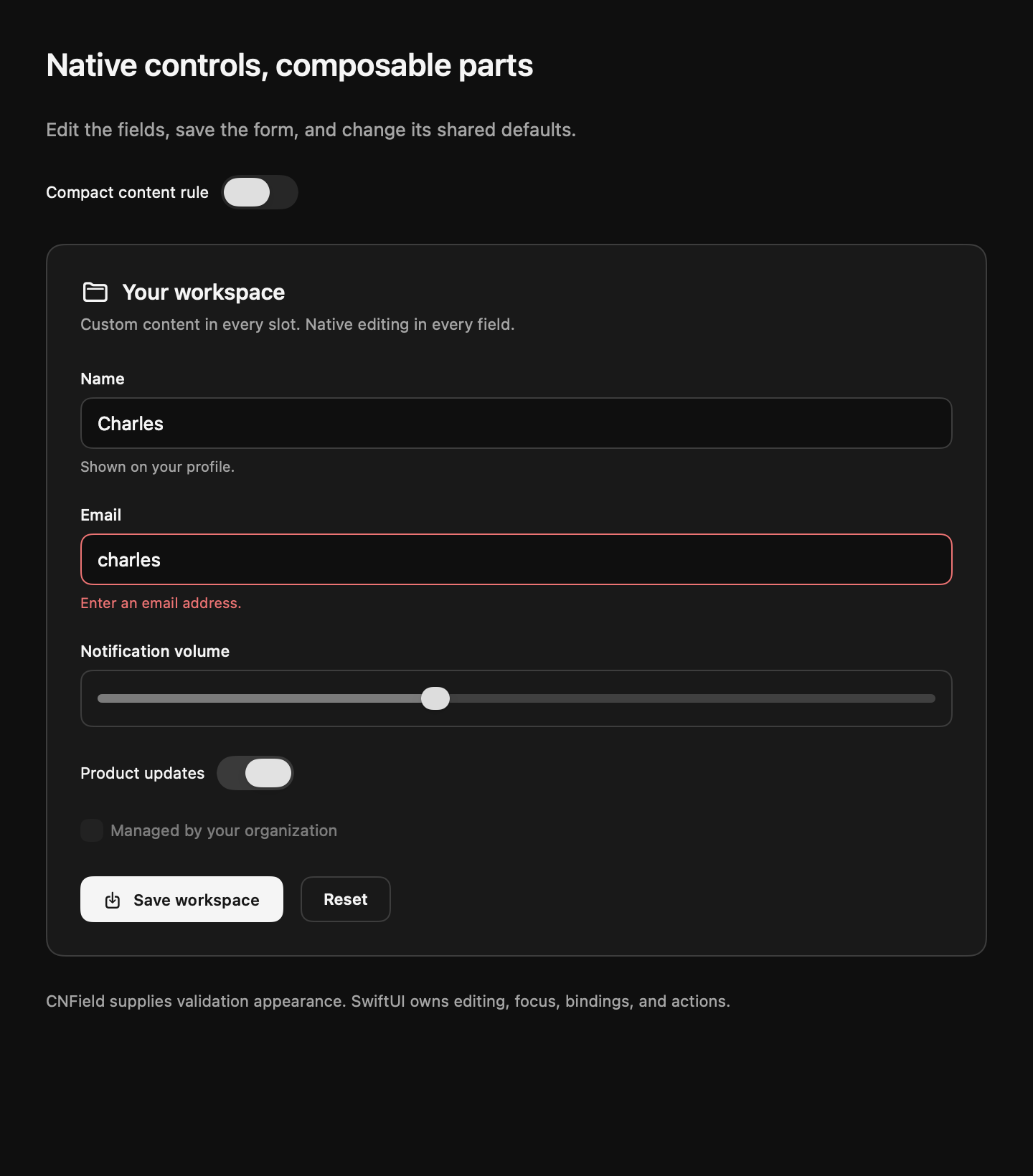 Composable SwiftUI card parts, editable fields, validation messages, and native toggles. Dark appearance.