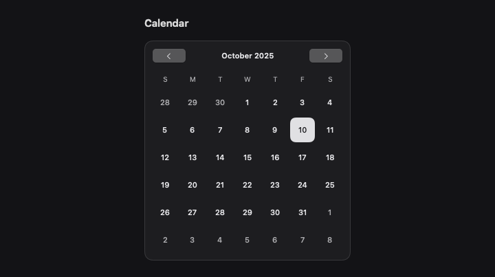 Calendar rendered by native SwiftUI. Dark appearance.