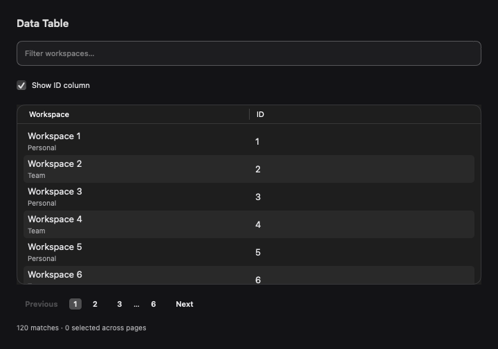 Data Table rendered by native SwiftUI. Dark appearance.