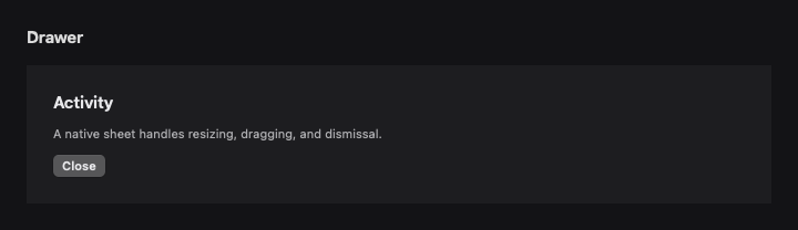 Drawer rendered by native SwiftUI. Dark appearance.