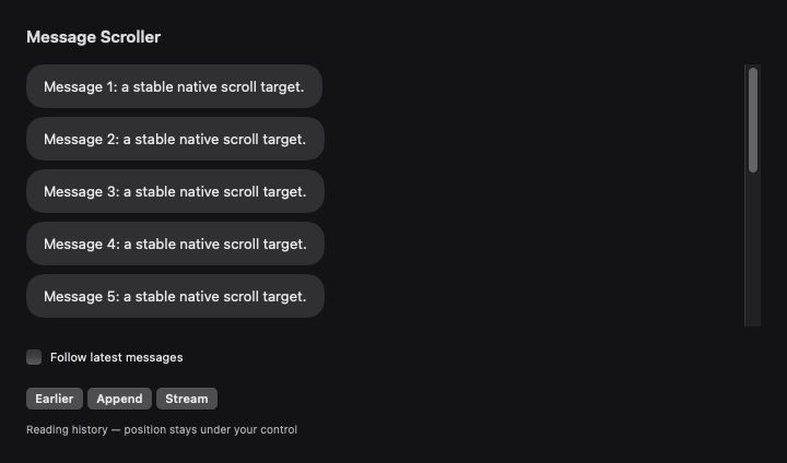 Message Scroller rendered by native SwiftUI. Dark appearance.