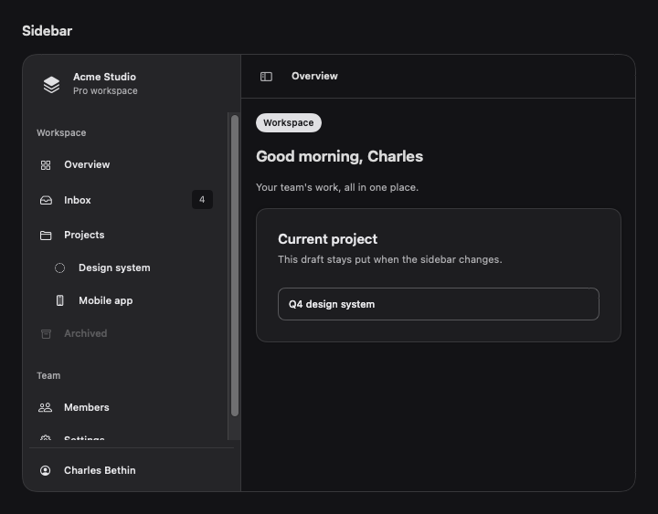 Sidebar rendered by native SwiftUI. Dark appearance.
