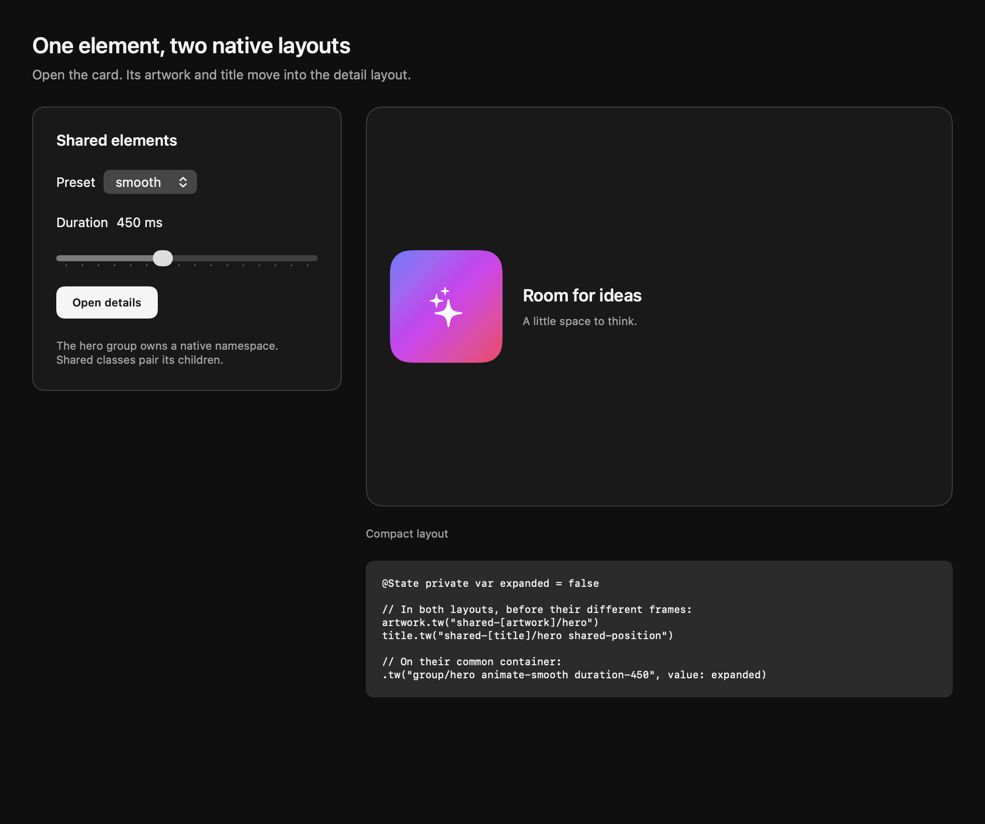 Compact native card before a shared element transition. Dark appearance.