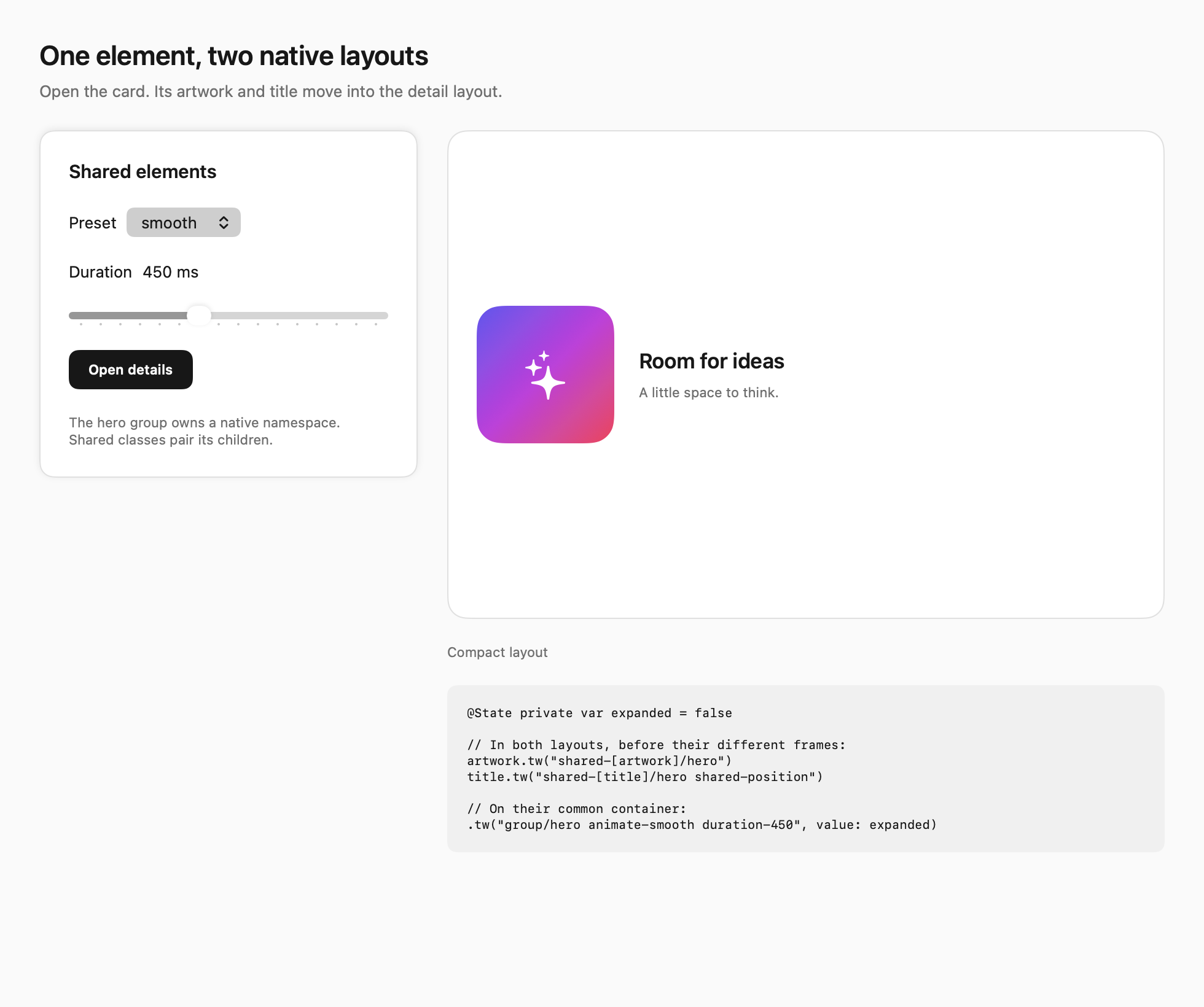 Compact native card before a shared element transition.