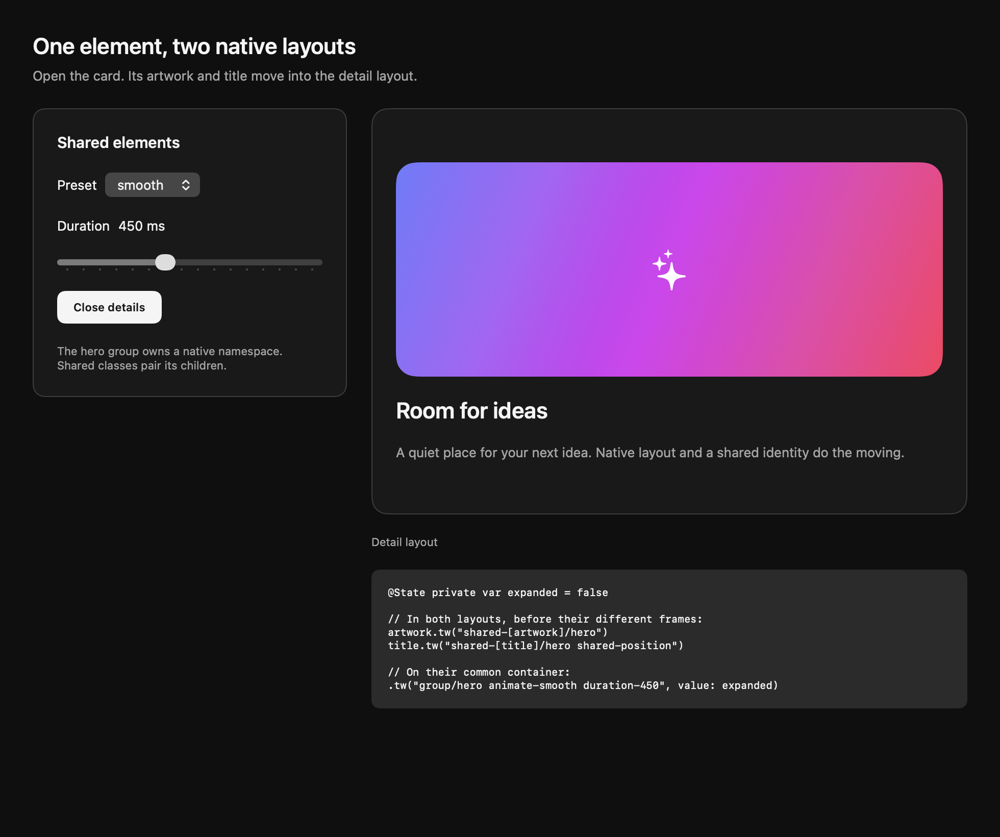 Expanded native detail after a shared element transition. Dark appearance.
