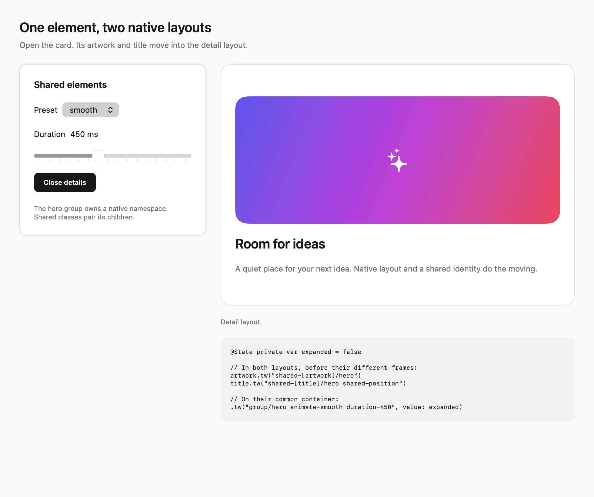 Expanded native detail after a shared element transition.